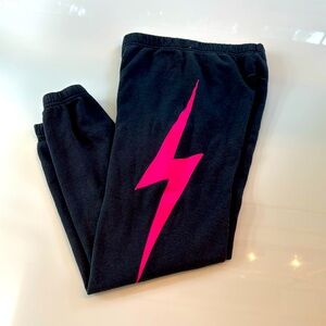 Aviator Nation Girls Lightening Bolt Sweatpants (Gray with Neon Pink Bolt)